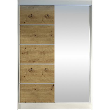 Armoire Closico 149, Blanc + Chêne Artisan, 200x120x58cm, Portes d'armoire: Coulissantes, Nombre d'étagères: 5, LED (1/4)