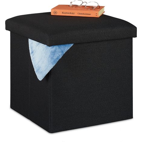 Relaxdays Ottoman, Seat Stool with Storage Space, Foldable, Upholstered, Square, Cube, HxWxD 37 x 37.5 x 37.5 cm, Black