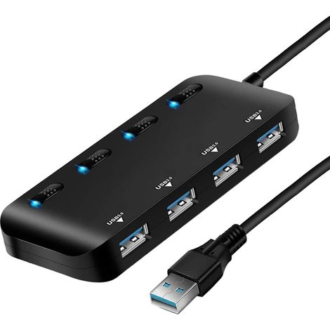Répartiteur USB 3.0 Ultra-Fin, rallonge USB 4 Ports avec Interrupteur Marche/arrêt Individuel, hub de données Portable… (1/5)