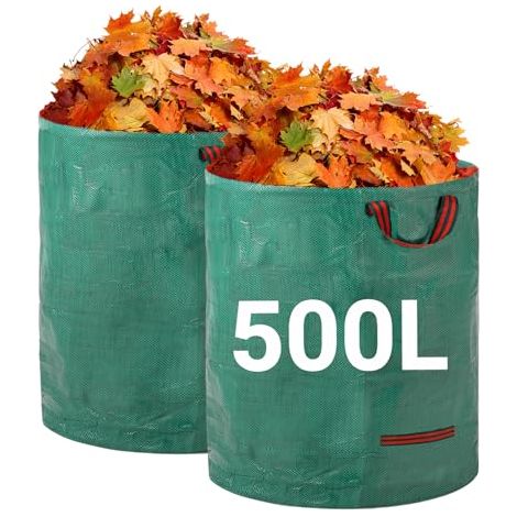 Sacchi per rifiuti da giardino resistenti, 500 litri, confezione da 2, riutilizzabili Sacchi da giardino con manici pieghevoli, in tessuto industriale per foglie, rifiuti e detriti, impermeabili, di (1/5)