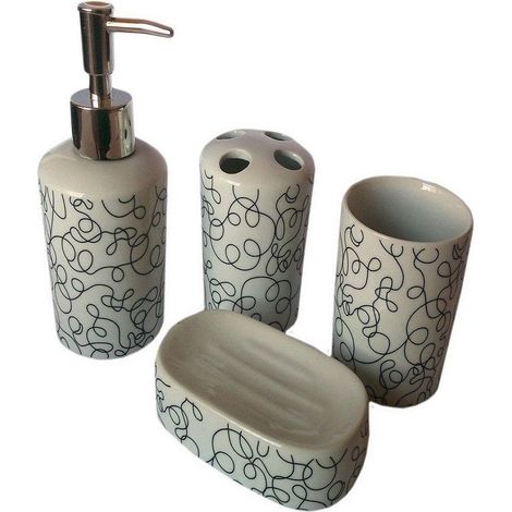 TrAdE Shop Traesio - Set 4 Pz Accessori Bagno In Ceramica Da Appoggio Design Moderno Fantasia -