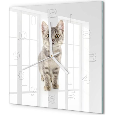 Horloge Murale Carrée Sans Cadre en Verre Trempé Silencieuse et Moderne Chat gris 30x30 cm (1/5)