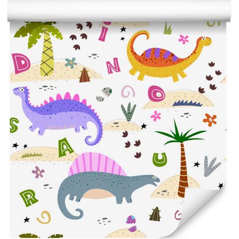 Papel pintado de coloridos dinosaurios y palmeras para salón y dormitorio, 50x1000 cm. (1/5)