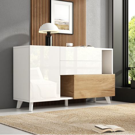 Sideboard aus Spanplatte in Weiß Hochglanz und Eiche hell 130 x 40 x 70 cm, 2 Schubladen, 2 Türen, verstellbarer Einlegeboden (1/5)