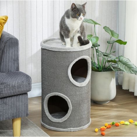 Torre rascador para gatos 60 cm, Ø 35 cm, 2 niveles, 2 refugios, gris claro, REDOM (1/5)