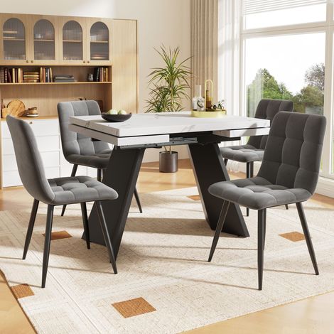 Ensemble repas 5 éléments, table blanche extensible 160x80x75cm 4 convives avec 4 fauteuils velours gris, pieds plats