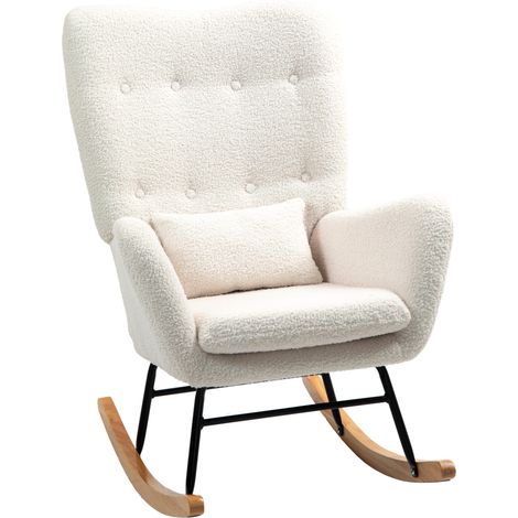 Fauteuil à bascule en tissu bouclette crème, avec accoudoirs et coussin lombaire, structure métal, pour salon ou chambre - CHICFURN (1/5)