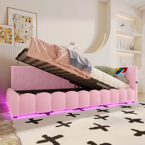 Lit gigogne - SOGEU - Motif géométrique 90x200 - Similicuir - LED multicolore - Ports USB-C (1/5)