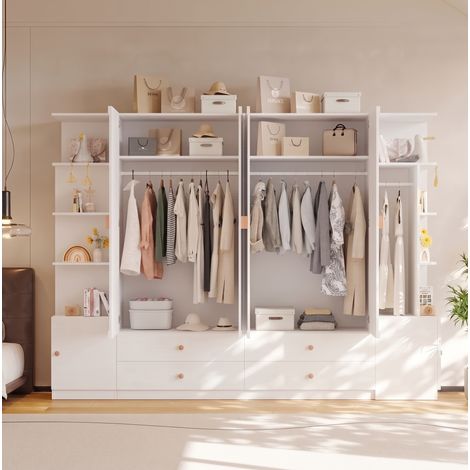 Armoire blanche 270x45x200 cm avec portes battantes, 4 tringles à vêtements, 4 tiroirs, grand espace de rangement, style moderne (1/5)