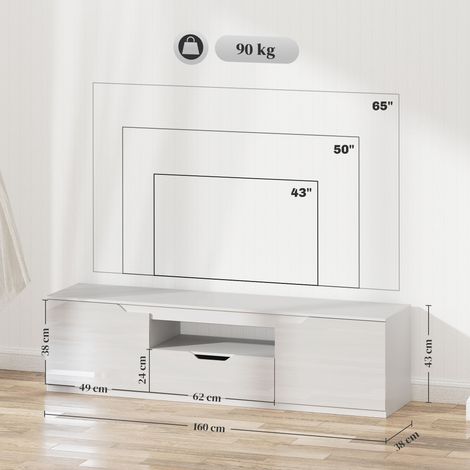 Meuble bas TV blanc longueur 160 cm deux portes un tiroir passe-câbles adapté aux écrans jusqu’à 65 pouces salon (1/4)