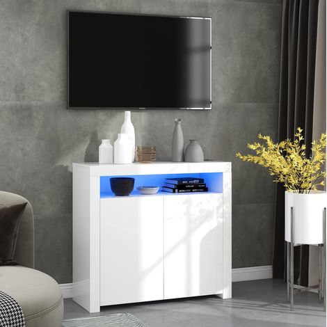 MODFU – Aparador LED 108x40x92 cm de aglomerado con puertas, USB, iluminación multicolor y carga 50 kg – Blanco (1/5)