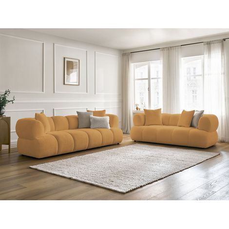 BOBOCHIC - Ensemble canapé droit fixe 3 + 2 places PAMIRA tissu bouclette   Jaune (1/5)