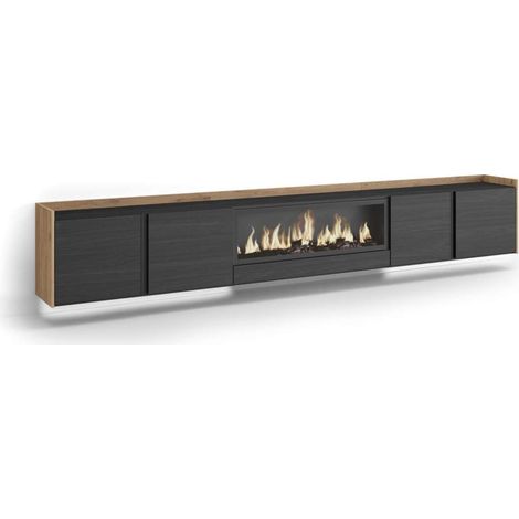 Mueble TV Almayate-02 de 315x50x35 cm con chimenea eléctrica y luces LED, suspendido, color negro y roble (1/4)