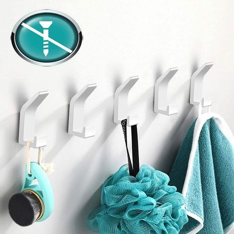 Toallero sin perforación, blanco, juego de 5, ganchos de pared de aluminio, para baño, aseo, cocina, oficina, perchero, niños (1/5)
