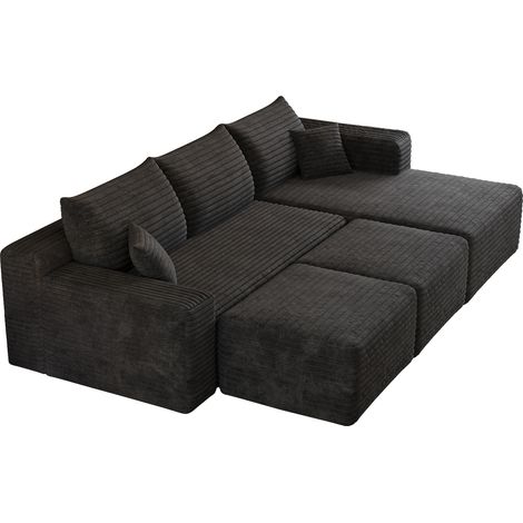 Canapé d'angle 241 cm en tissu côtelé noir, assise profonde et confort moelleux, livré en 3 colis, déballage simple sans montage – CHICFURN (1/5)