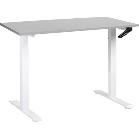 Escritorio de altura regulable manualmente oficina moderna patas cuadradas 120 x 72 cm tablero gris soporte de acero blanco DESTINES (1/5)