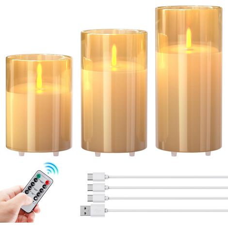 Lot de 3 bougies LED avec guirlande lumineuse et minuteur, rechargeables, avec télécommande, sans flamme, pour décoration d'intérieur, Noël, anniversaire (1/5)