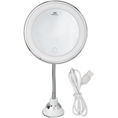Miroir de maquillage LED avec grossissement 10x, luminosité réglable, 3 couleurs d'éclairage, fixation par ventouse, miroir de beauté ajustable (1/5)
