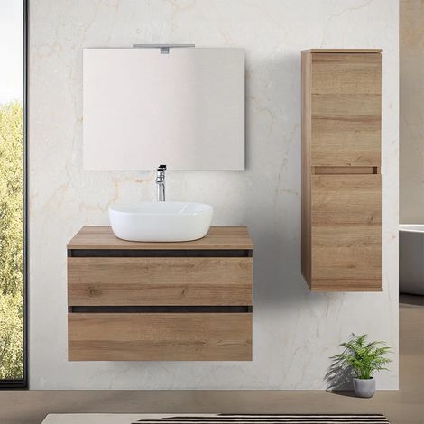 Mobile bagno sospeso 80 cm ossido e rovere con top lavabo e specchio Kleo (1/5)