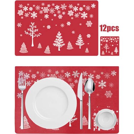 Set De Table Noel - Tapis De Table Rectangulaire PVC 43 x 28 cm - Pour Decoration Table A Manger - 12 Pièces (6 Sets + 6 Sous-Verres) (1/5)