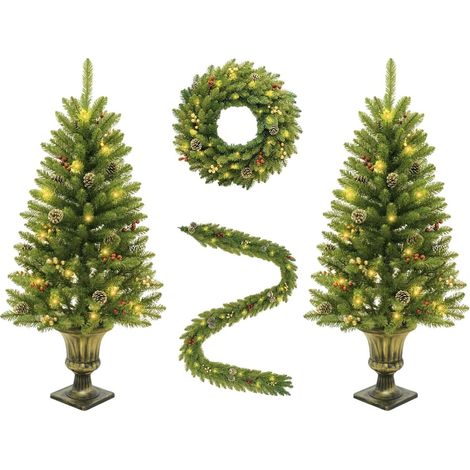 Lot de 4 sapins de Noël artificiels avec guirlande de Noël et couronne, éclairage LED, réaliste avec support en métal, décoration (1/5)