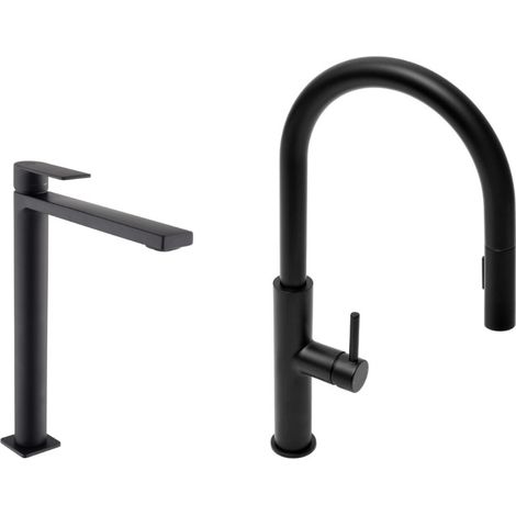 Set miscelatore lavabo XL + miscelatore cucina con doccetta estraibile 2 getti, nero opaco (SATBSBW285C)