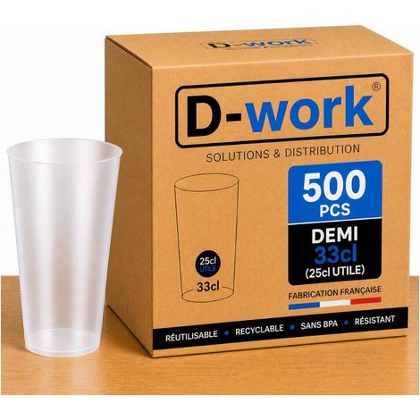 Lot de Verres Gobelets Réutilisables 33 cl (25 cl utile) en Polypropylène Sans BPA, Translucides, Résistants et Recyclables, Idéal Soirées, Bars, Événements et Professionnels - D-Work