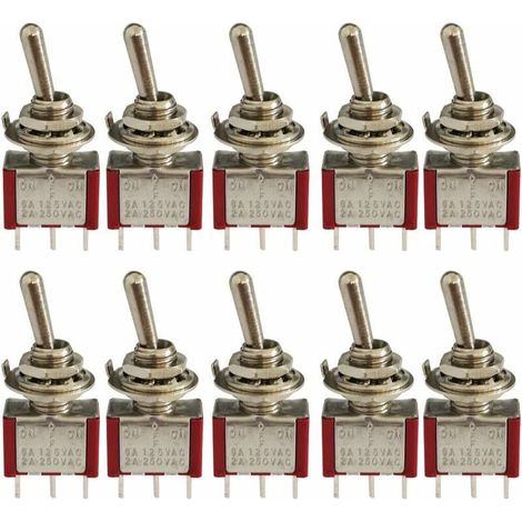 Interrupteur à Bascule 10 Pièces, AC 125V 6A / 250V 2A, 3 Broches SPDT ON-OFF-ON 3 Positions Autobloquant Rouge, Commutateur à Levier pour Voiture (1/5)