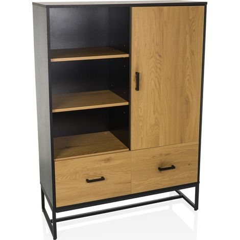hjh LIVING Credenza con 2 cassetti e anta 100x40x140 cm AMIO H Scaffale Armadio da ufficio con molto spazio, ripiani regolabili, nero/rovere (1/5)