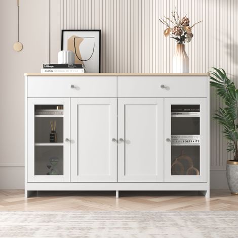 Buffet bois blanc veiné 4 portes 2 tiroirs 1 porte vitrée - Bois & blanc, salon/salle à manger