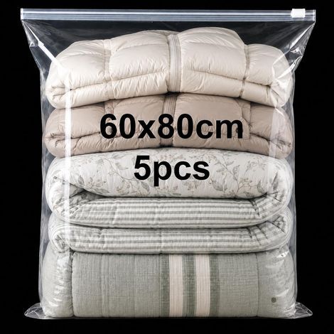 Pack of 5 Plastic Zip Bags 60 x 80 cm Transparent Large Waterproof Storage Bag Suitcase Resealable Zip Transparent Plastic Clothing for Clothes Storage Bedding Storage Blankets (1/5)