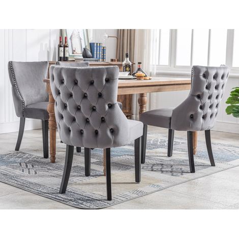 Chaise de salle e0 manger grise en velours avec pie8tement en bois massif, dossier capitonne9, 150 kg,50×52×91cm (1/5)