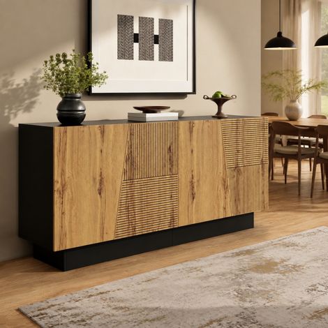 Buffet 160 x 40 x 72 cm en noir et aspect bois, avec étagère réglable (1/5)