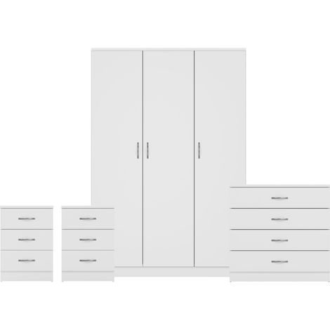 Riano 4 Piece Bedroom Set (3 Drawer Bedside Chest, 4 Drawer Chest, 3 Door Wardrobe), White (1/3)
