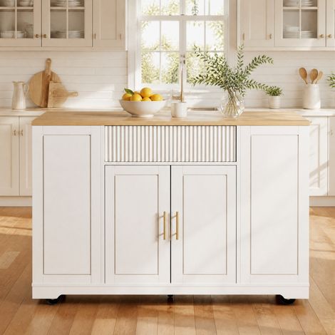 Isla de cocina 120x50x92 cm blanca con ruedas, espacio para cubo y amplio almacenaje (1/5)