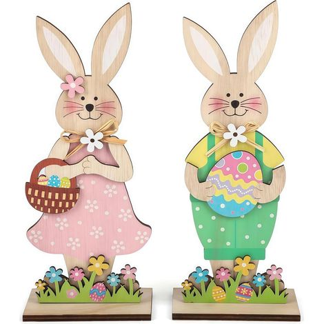 2 Figurine de lapin, Bois, Design élégant, Socle stable, Décoration de table pour Pâques