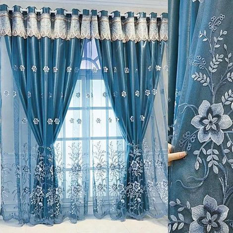 1 paire de rideaux, double couche, motif floral, occultant, avec valance, polyester, œillets, 140x245 cm, pour salon et chambre