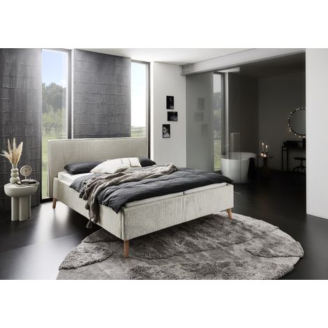 Meise Möbel Polsterbett Riva 180x200 cm Doppelbett Bettgestell Kopfteil mit Keder Webstoff Beigegrau Holzfuß eichefarbig (1/5)