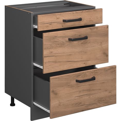 Mobiletto base per cucina R-Line, Quercia dorata, 60 cm con cassetti, senza piano di lavoro, Vicco