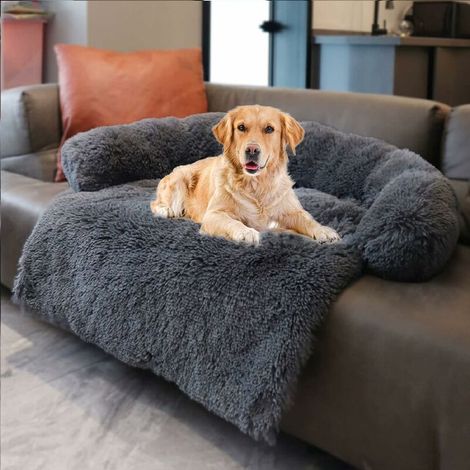 Large Waterproof Calming Dog Bed, Plush Dog Mat, Pet Furniture Cover with Soft Bolster, Machine Washable, Dark Gray ( L ) (1/5)