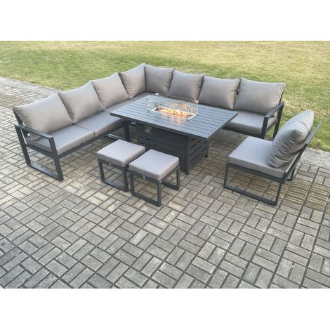 Fimous Aluminium Lounge Corner Sofa Outdoor Garden Furniture Sets Gas Fire Pit Dining Table Set with 2 Small Footstools Dark Grey (1/5)