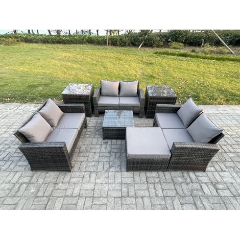 Fimous 7 PCS Mobilier de jardin extérieur ave Table basse carrée Canapé deux places 2 Table d'appoint Grand Tabouret Gris foncé (1/5)