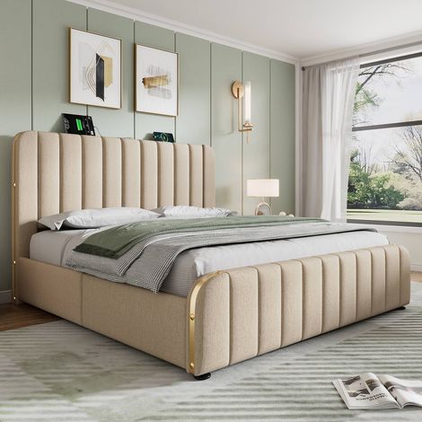 Lit capitonné 180 x 200 cm tête de lit ornements dorés ports usb-c 4 tiroirs sans matelas (1/5)