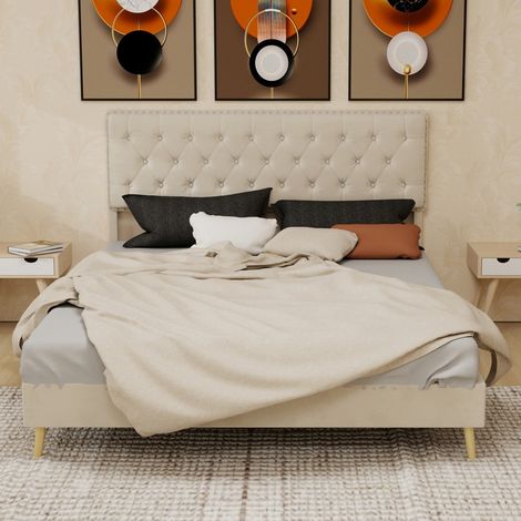 Lit 160x200cm - Lit Double 160x200cm - Tête de Lit en Velours Hollandais avec Rivets - Structure Stable et Moderne - Beige (1/5)