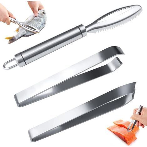 Ecailleur à Poisson Professionnel en Inox 304, Grattoir en Acier Inoxydable Dentelé pour Enlever Efficacement les écailles de Poissons +2 Pince Arrete Poisson (1/5)