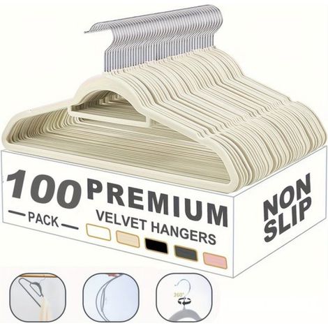 100 rutschfeste Samtkleiderbügel, die sich um 360 Grad drehen lassen und platzsparend sind, dienen als Kleiderschrankorganisatoren und rutschfeste Kleiderbügel, beige und weiß. (1/5)