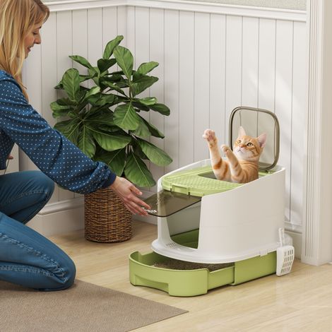 Premium Cat Litter Box with Deodorizing Bags, Easy Clean Drawers, Reversible Door, Top Exit for Paw Protection, No Assembly Needed