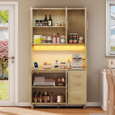 Buffet de cuisine 183 cm naturel en MDF avec LED, prises, ports USB et étagères réglables (1/5)
