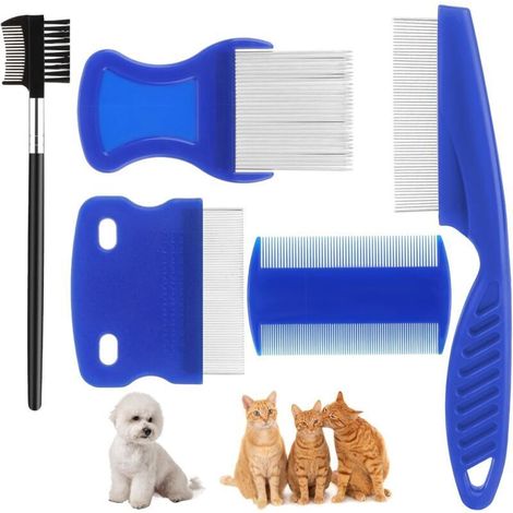 Lot de 5 peignes anti-puces en acier inoxydable avec dents arrondies pour chats et chats, peigne à poils épais, peigne à dents fines pour chien et chat (1/4)