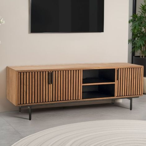 Meuble TV rétro en teck recyclé et noir 160cm OPLAND Casita (1/2)